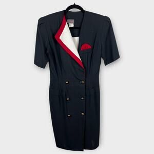 Vtg 80s New Wave Tuxedo Power Suit Blazer Secretary Work Navy Coat Dress M/L